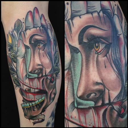 Gary Dunn - traditional color girls face with hand tattoo, Gary Dunn Art Junkies Tattoo